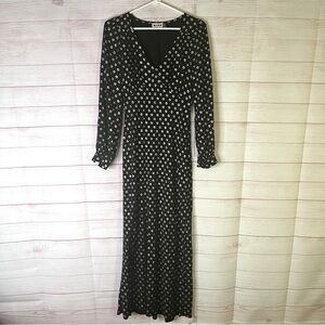 Rixo Mavis Black Gold Foil-Print Maxi V-Neck Dress‎ Size XS US4